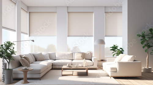 Interior roller blinds are installed in the living room, featuring white colored roller shades on the windows. Within the same room, there are also a houseplant and a sofa present.ai generative