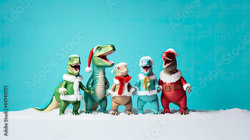 Funny dinosaur wearing Santa Claus costume on a blue background. Dinosaurs celebrating snowy Christmas