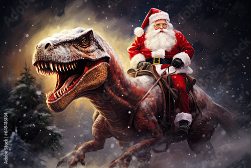 Santa Claus riding a dinosaur, Funny Art Design, Santa Riding Dinosaur T rex, Christmas © Tamara