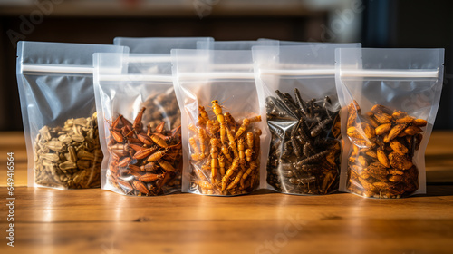 Edible insects produced at an insect farm packed in bags, offering a sustainable and protein-rich food source.ai generative © Oleksandr