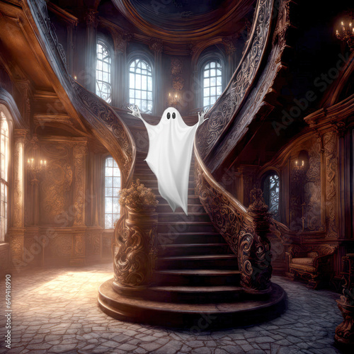 White ghost floating old wooden staircase in a haunted mansion