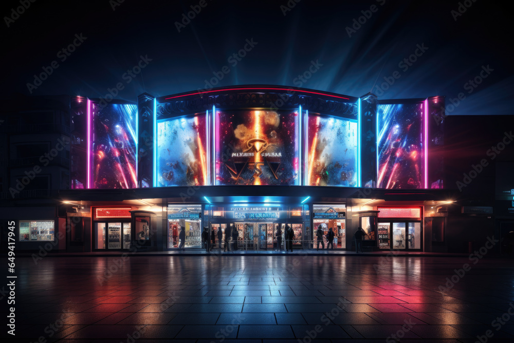 A cinema facade adorned with vibrant LED lights, showcasing modernized aesthetics. Generative Ai.