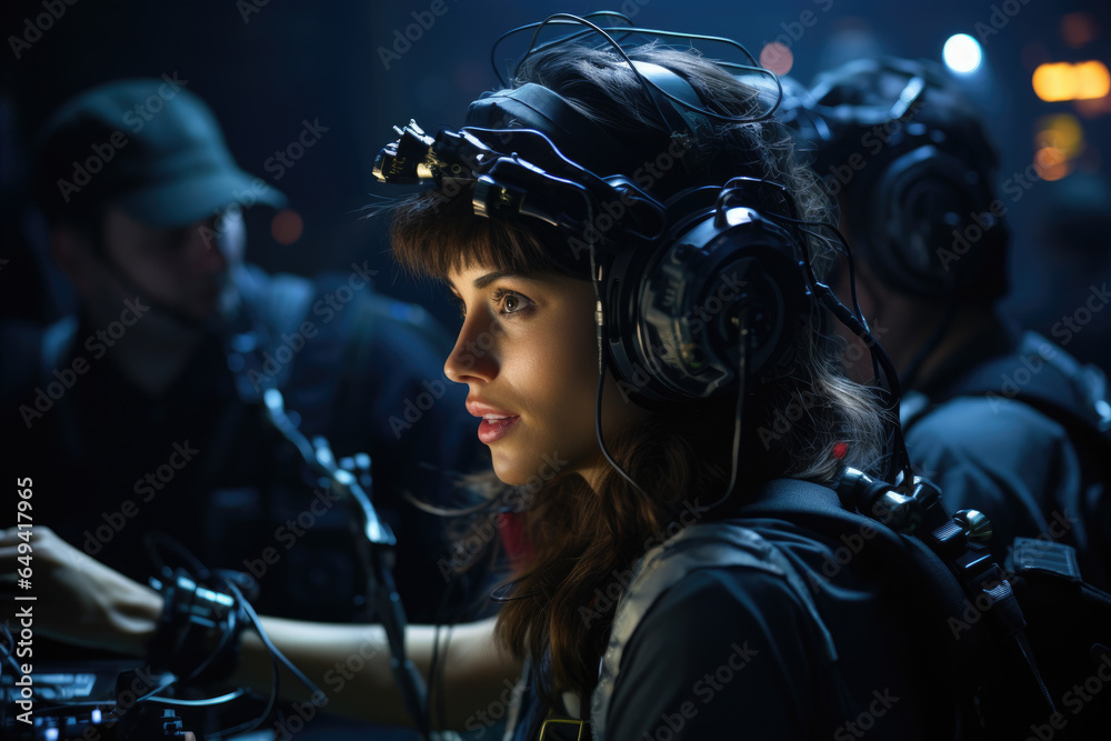 A film crew utilizing advanced motion-capture technology, enabling realistic CGI characters. Generative Ai. A film crew utilizing advanced motion-capture technology, enabling realistic CGI characters. Generative Ai.