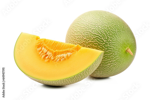 Ripe Melon with slice isolated on transparent background, ripe tropical natural fruit concept, Healthy food with high of vitamin and minerals. Freshness of juicy fruit.