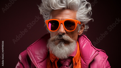 close up portrait of an attractive man with a stylish beard wearing a stylish jacket and sunglasses posing with a golden metal jacket in a studio