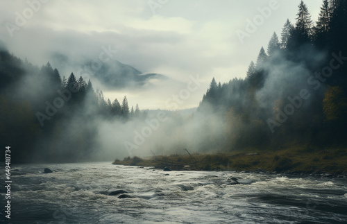 Mountain river and foggy morning in Alps. Forest landscape