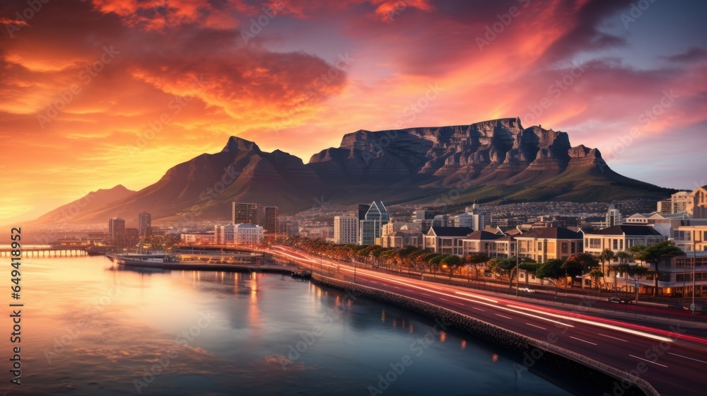Cape Town's city central business district with the iconic Table Mountain in the background, illuminated by the warm hues of a South African sunset - obrazy, fototapety, plakaty 