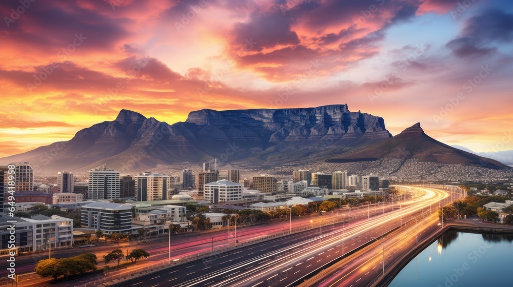Cape Town's city central business district with the iconic Table Mountain in the background, illuminated by the warm hues of a South African sunset Cape Town's city central business district with the iconic Table Mountain in the background, illuminated by the warm hues of a South African sunset