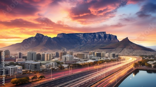 Cape Town's city central business district with the iconic Table Mountain in the background, illuminated by the warm hues of a South African sunset
