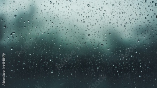 Raindrops on a window glass surface against a backdrop of clouds. A natural pattern of raindrops isolated against the cloudy background