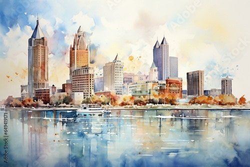 Watercolor depiction of Detroit skyline. Generative AI