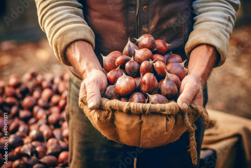 A Heap of Fresh Chestnuts, a Delightful Autumn Offering from a Local Nut Farm, Reflecting Seasonal Flavors and Sustaining Culinary Traditions.