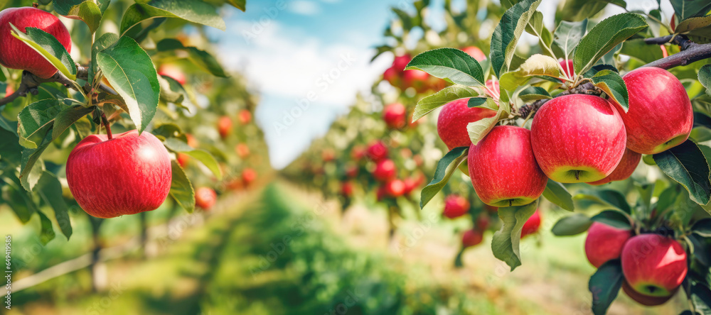 Nature's Treasures: Amidst green foliage, red apples are ripe for the picking, a testament to the fruitful art of farming.