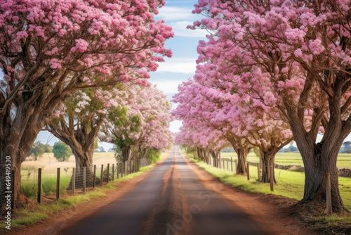 A stunning landscape adorned with cherry blossoms  creating a breathtaking avenue of pink flowers in the countryside.