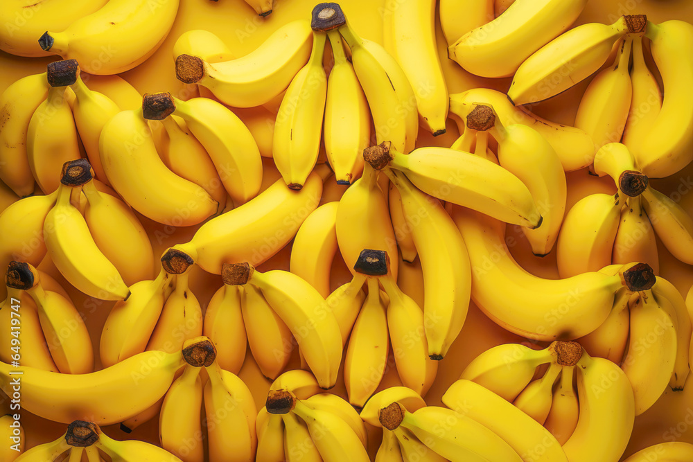 A top-down view of a bunch of ripe, yellow bananas laid flat, showcasing their organic quality and suitability for a healthy diet.