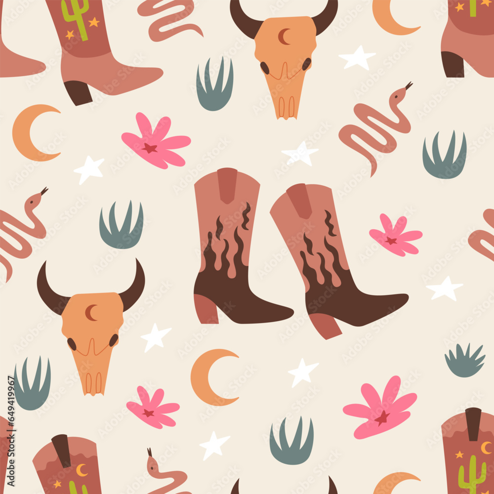 Western seamless pattern with cowboy boots, bull skull, snake, moon, grass and flowers. Wild west vector flat background