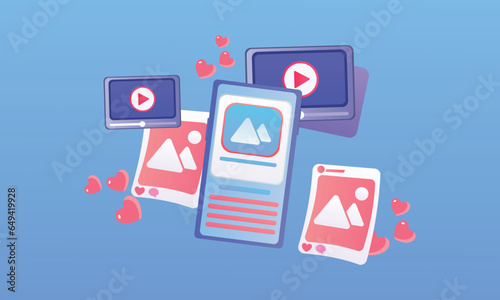 Social media with video and photo gallery on mobile application and mobile phone.on blue background.Vector Design Illustration.