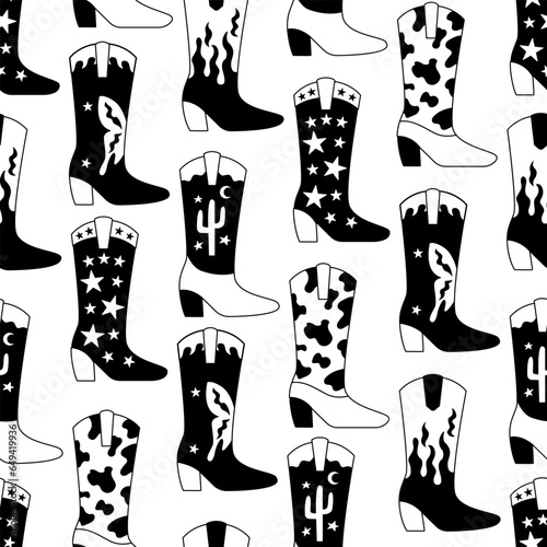 Seamless pattern with black and white cowboy boots. Vector outline background. Cowgirl accessories