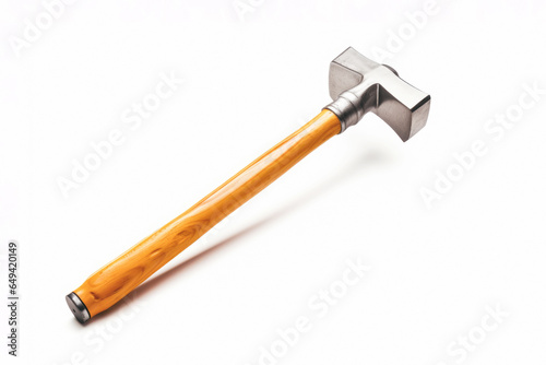 A photo of an isolated metal hammer, its steel head and wooden handle representing a versatile tool for construction, repair, and woodworking.