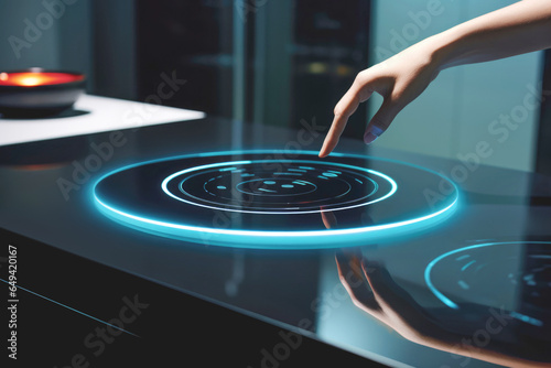 A hand touching a black induction stove cooktop in a modern kitchen, highlighting its hot and efficient household cooking capability. photo