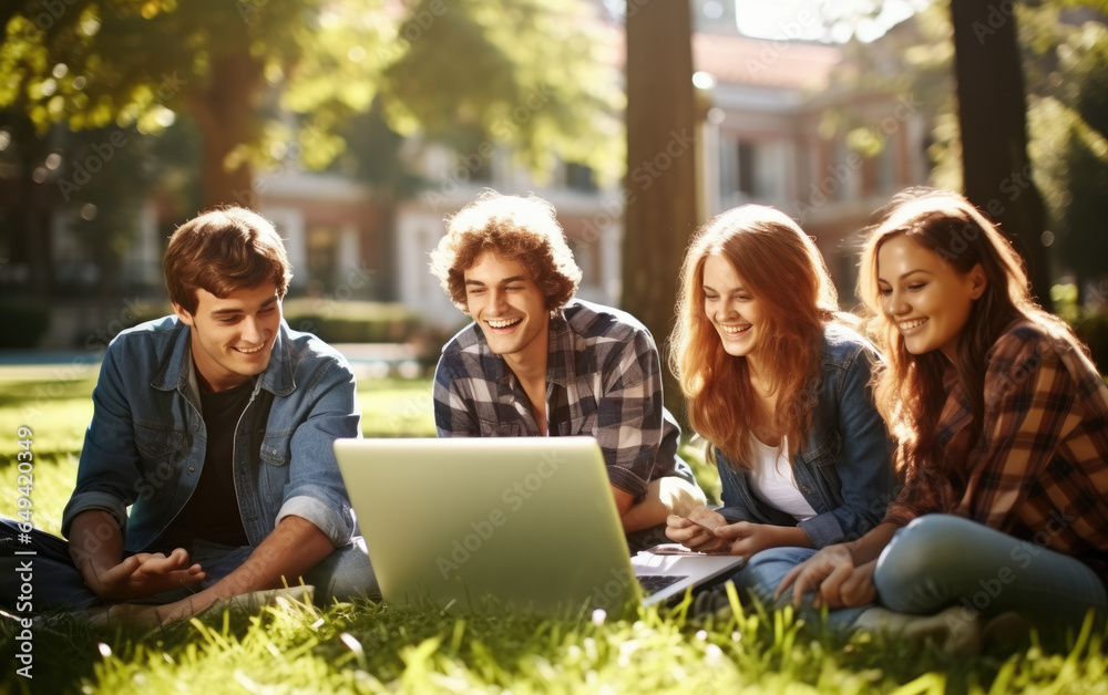 On the lawn of a university campus environment in the morning, a happy group of university students using laptops. Generative AI On the lawn of a university campus environment in the morning, a happy group of university students using laptops. Generative AI