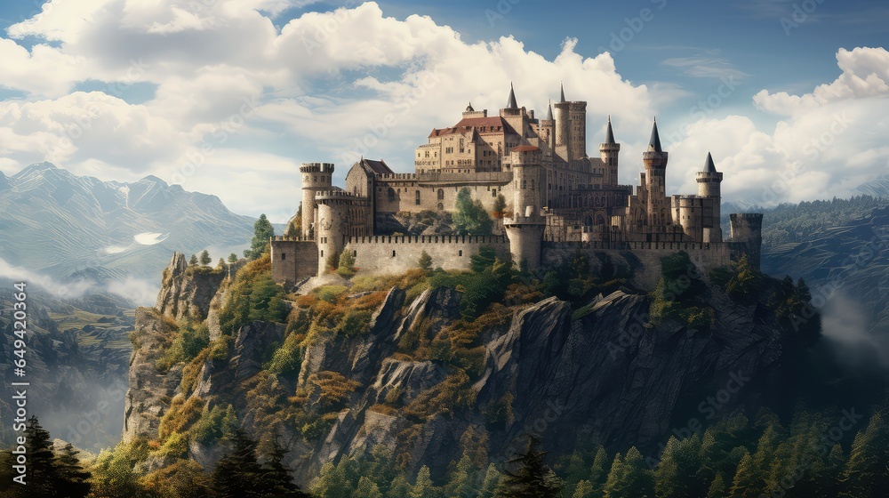 Ancient castle on a hill photo realistic illustration - Generative AI. Ancient castle on a hill photo realistic illustration - Generative AI.
