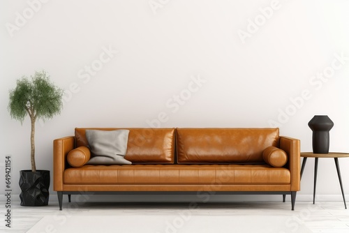 Modern living room wall mockup with leather sofa and decoration