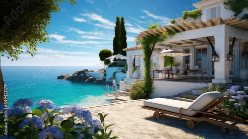 Charming seaside villa photo realistic illustration - Generative AI. photo