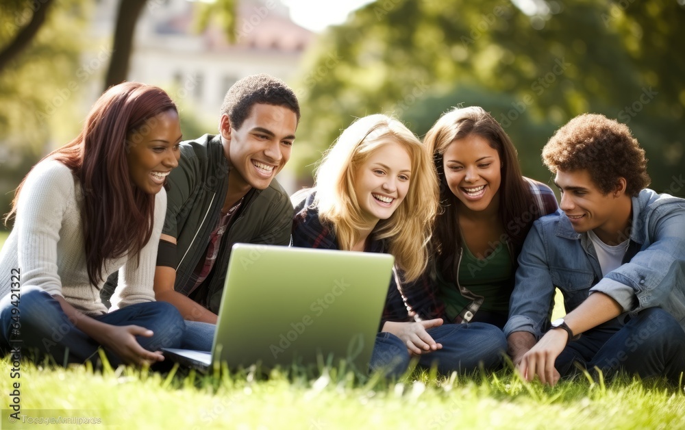 On the lawn of a university campus environment in the morning, a happy group of university students using laptops. Generative AI On the lawn of a university campus environment in the morning, a happy group of university students using laptops. Generative AI