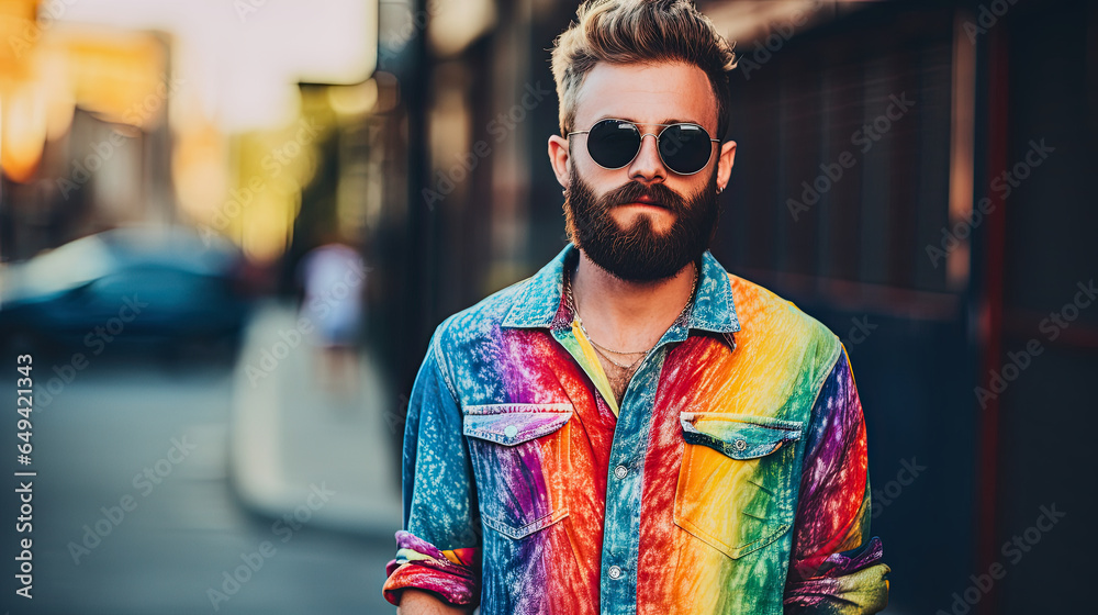 young hipster wearing a rainbow colored shirt and sunglasses young hipster wearing a rainbow colored shirt and sunglasses