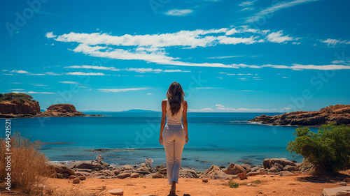beautiful woman with blue sky and clouds on the beach