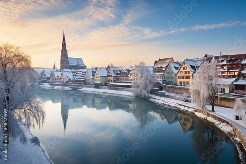 Winter sunrise in Ulm city, with Danube river, blue sky, snow, Ulmer Minster, Metzgerturm tower, and panoramic long exposure. Generative AI