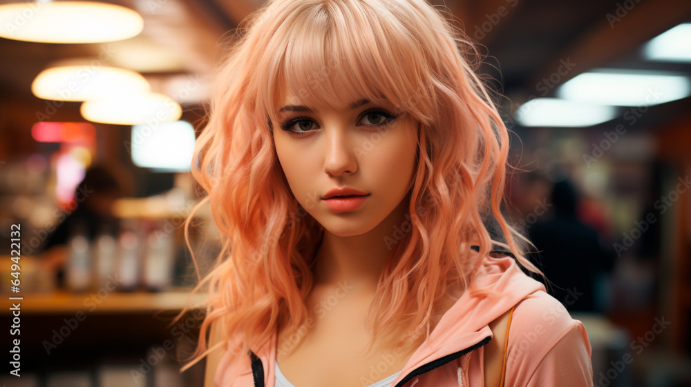 portrait of beautiful young girl in pink shirt with red lips and pink hair