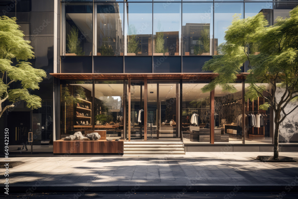 A sleek, modern storefront of a high-end retail shop, emphasizing the importance of visual merchandising. Generative Ai. A sleek, modern storefront of a high-end retail shop, emphasizing the importance of visual merchandising. Generative Ai.
