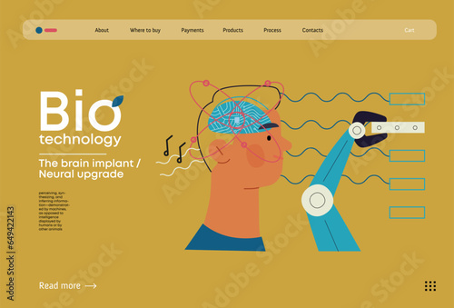 Bio Technology, Brain implant, Neural upgrade -modern flat vector concept illustration of brain implant, integration, enhanced cognitive abilities. Pushing boundaries of potential, neural upgrades