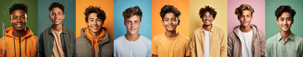 Collage of mixed race happy teenager boys on bright backgrounds, panorama. Lot of smiling multicultural faces looking at camera. Human resource society database concept. Collage of mixed race happy teenager boys on bright backgrounds, panorama. Lot of smiling multicultural faces looking at camera. Human resource society database concept.