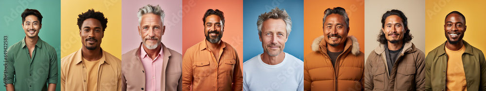 Collage of mixed race happy adult men on bright backgrounds, panorama. Lot of smiling multicultural faces looking at camera. Human resource society database concept.