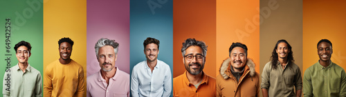Collage of mixed race happy adult men on bright backgrounds, panorama. Lot of smiling multicultural faces looking at camera. Human resource society database concept. photo