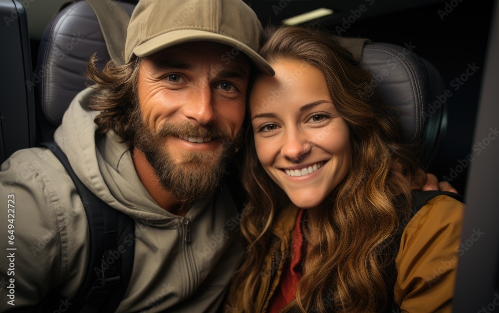 Young couple taking a selfie on the airplane during flight around the world. Generative AI Young couple taking a selfie on the airplane during flight around the world. Generative AI