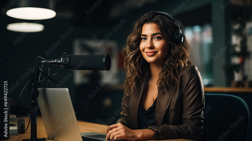 Young woman use microphones wear headphones with laptop record podcast interview for radio. Content creator concept.
