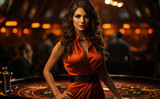 Beautiful woman dealer in casino, plays poker blackjack roulette in the casino