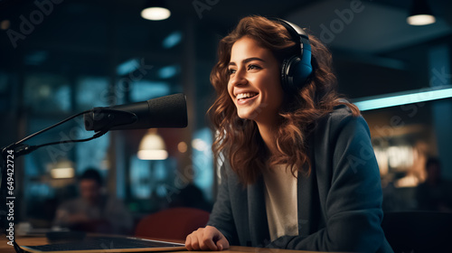 Young woman use microphones wear headphones with laptop record podcast interview for radio. Content creator concept.