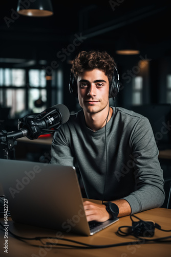 smiling radio host in headphones recording podcast in broadcasting studio