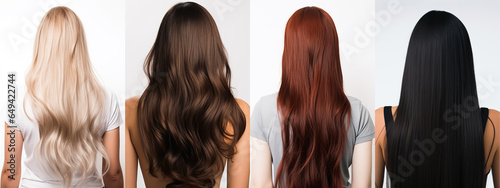 Hair of different shades of brunette, black, blonde and red. Woman collage back view
