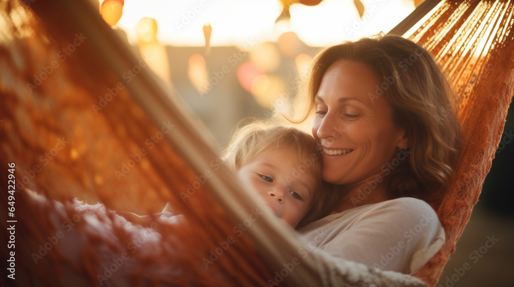 Mother and Child Enjoying a Quiet Moment in a Hammock , with copy space, bokeh - obrazy, fototapety, plakaty 