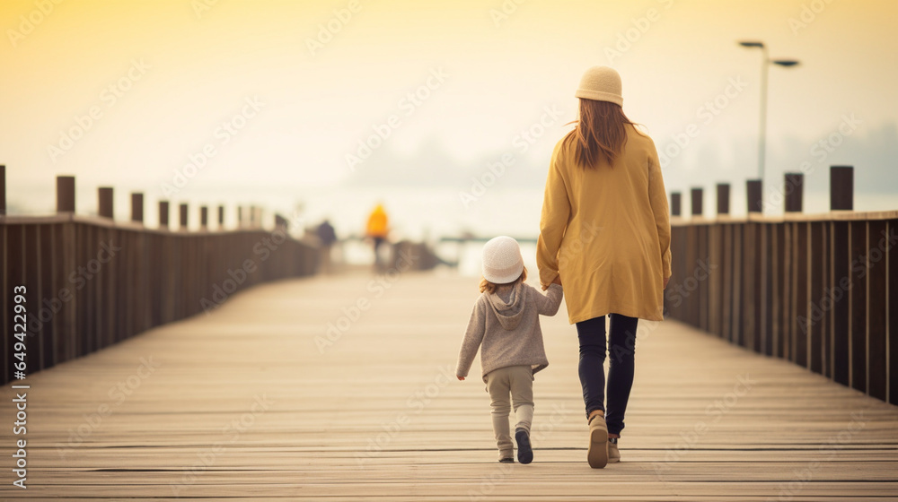 Mother and Child Walking Together Along a Pier , with copy space, bokeh