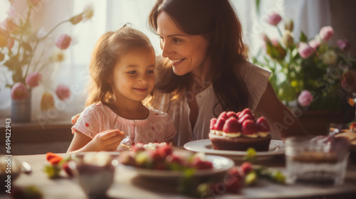 Mother and Child Making a Special Mother s Day Breakfast   with copy space  bokeh