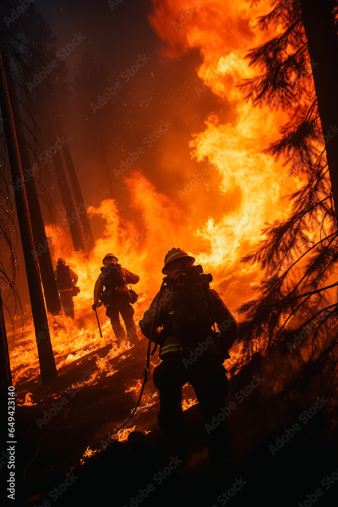 Establishing Shot: Team of Firefighters in Safety Uniform and Helmets Extinguishing a Wildland Fire, Moving Along a Smoked Out Forest to Battle Dangerous Ecological Emergency. Cinematic Footage