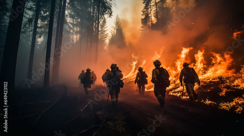 Silhouette of a group of firefighters walking through the forest during a fire. Burning forest at night. Natural disaster. Fire in the forest. Inferno with forrest on fire.