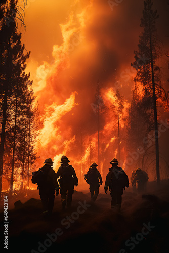 Silhouette of a group of firefighters walking through the forest during a fire. Burning forest at night. Natural disaster. Fire in the forest. Inferno with forrest on fire.